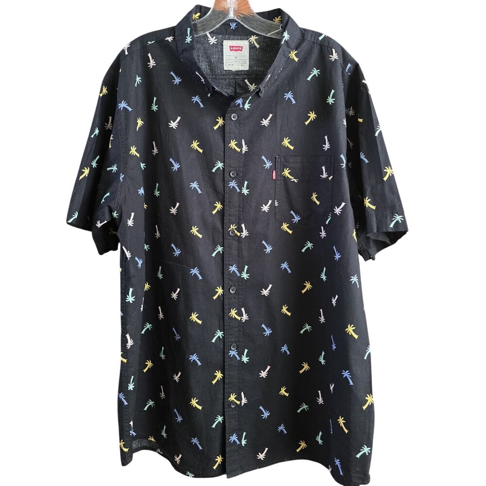 Levi's Men 2XL Hawaiian Shirt Black Colorful Palm Trees Short Sleeve 100% Cotton